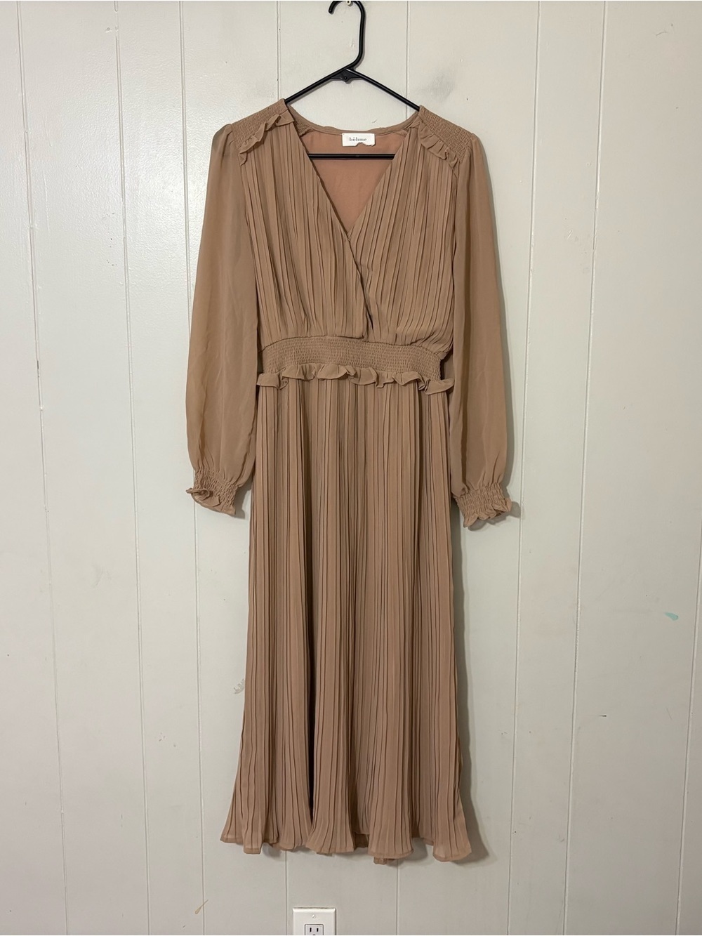 Böhme Pleated Midi Dress Long Sleeve Taupe Smocked Waist Boho Modest Size S